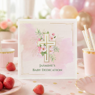 Rosa akvarellblommig kors babypresentation namn pappersservett
