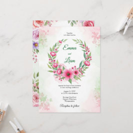 Rosa akvarellblommig krans bröllopsinbjudan inbjudningar