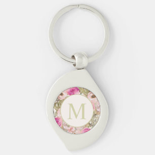 Rosa akvarellblommig monogram med salvia gröna bla swirl silverfärgad nyckelring