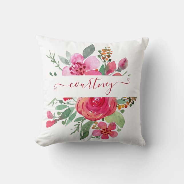 Rosa akvarellblommig personlig  kudde (Framsida)
