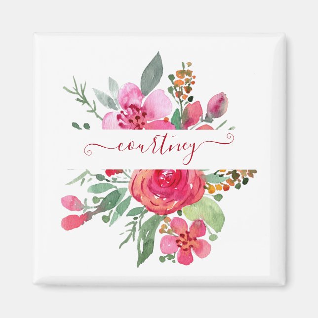 Rosa akvarellblommig personlig  magnet (Framsidan)