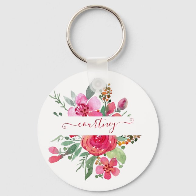 Rosa akvarellblommig personlig  nyckelring (Framsida)
