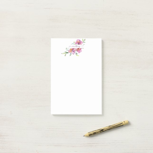 Rosa akvarellblommig personlig  post-it block (På skrivbordet)
