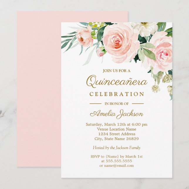 Rosa akvarellblommig Quinceanera Inbjudningar (Fram/baksida)