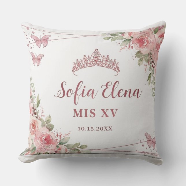 Rosa akvarellblommig Quinceañera-tiara Kudde (Framsida)