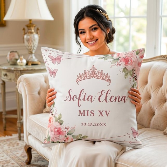 Rosa akvarellblommig Quinceañera-tiara Kudde (Skapare uppladdad)