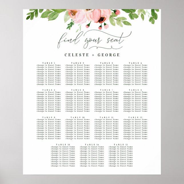 Rosa akvarellblommig sittplan för bröllop poster (Framsidan)