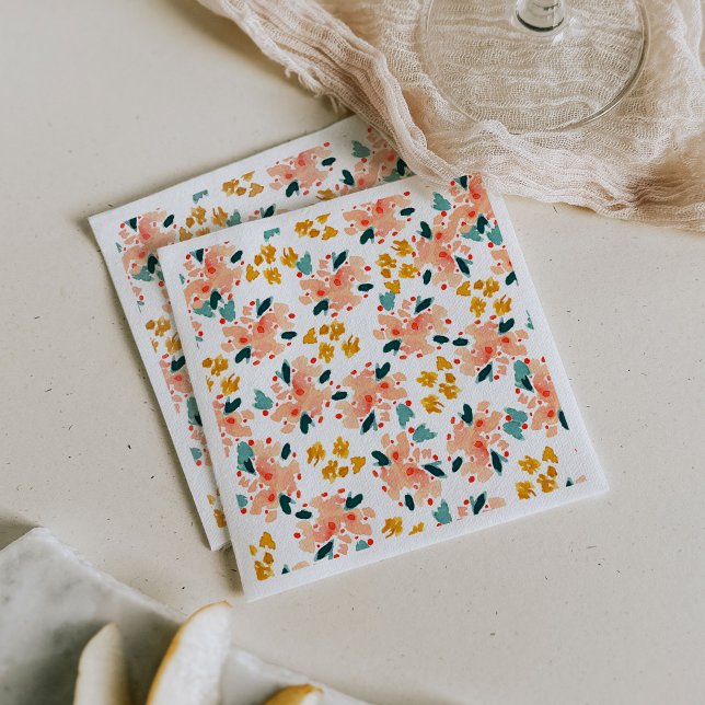 Rosa akvarellblommig trädgård pappersservett (Pink watercolor floral garden paper party napkins.)