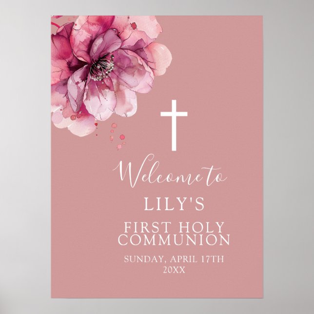 Rosa akvarellblommig välkomstskylt för första natt poster (Framsidan)