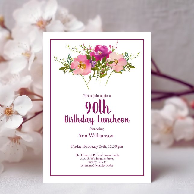 Rosa akvarellblommor 90-årsdag inbjudningar (Skapare uppladdad)