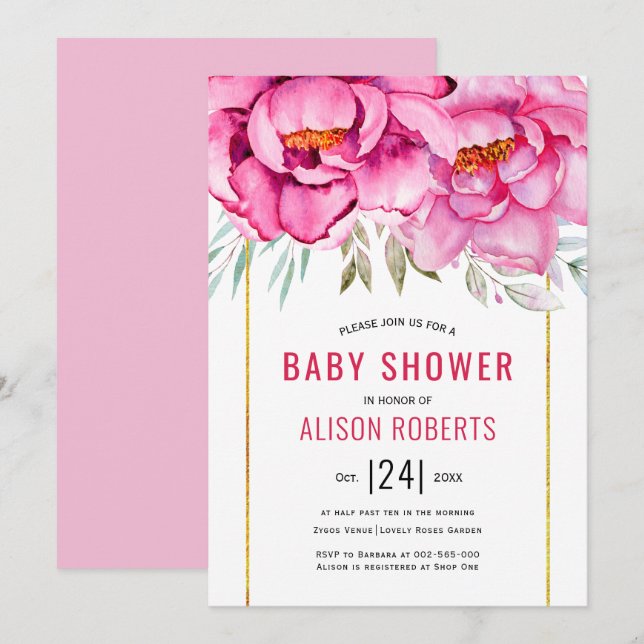 Rosa akvarellblommor blommig flicka Baby shower Inbjudningar (Fram/baksida)