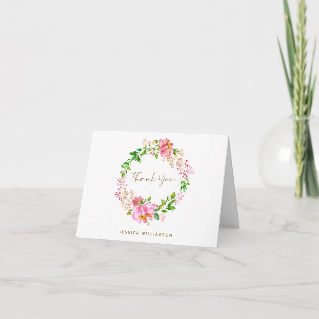 Rosa akvarellblommor Bröllopsdusch Personlig Tack Kort (Framsida)
