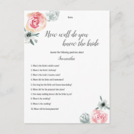 Rosa akvarellblommor Bröllsduschlek Meddelande Vykort