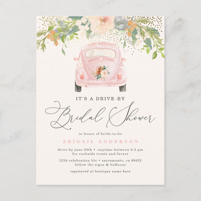 Rosa akvarellblommor Drive By Bröllopsfest Inbjudan Vykort (Framsida)