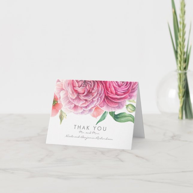Rosa akvarellblommor Eleganta tackkort för bröllop (Framsida)