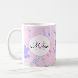 Rosa akvarellblommor fjärilar monogram kaffemugg