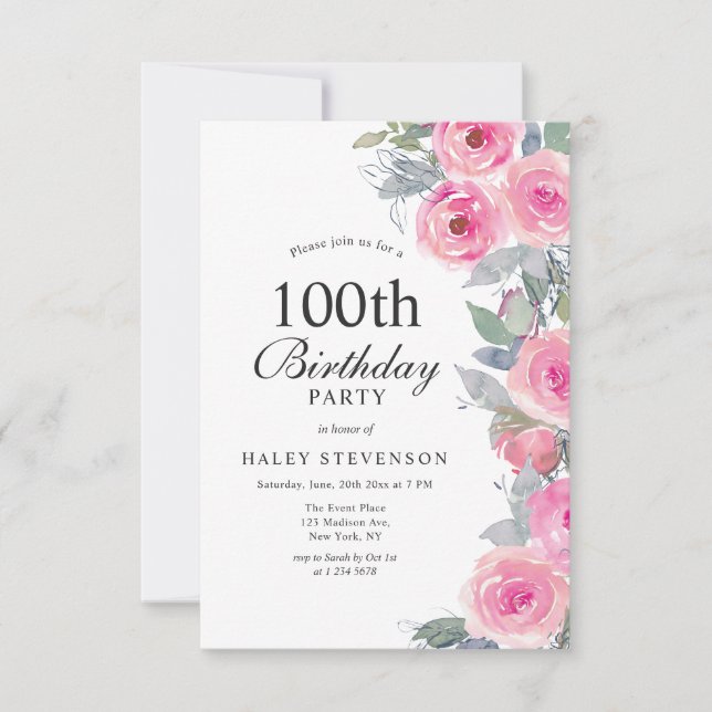 Rosa akvarellblommor Kvinnlig 100-årsdag Inbjudningar (Framsida)