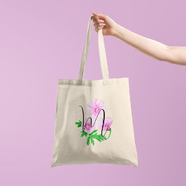 Rosa akvarellblommor med din initial på ena sidan tygkasse