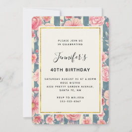 Rosa akvarellblommor på randig födelsedag inbjudningar