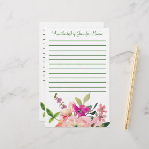 Rosa akvarellblommor personlig linje brevpapper