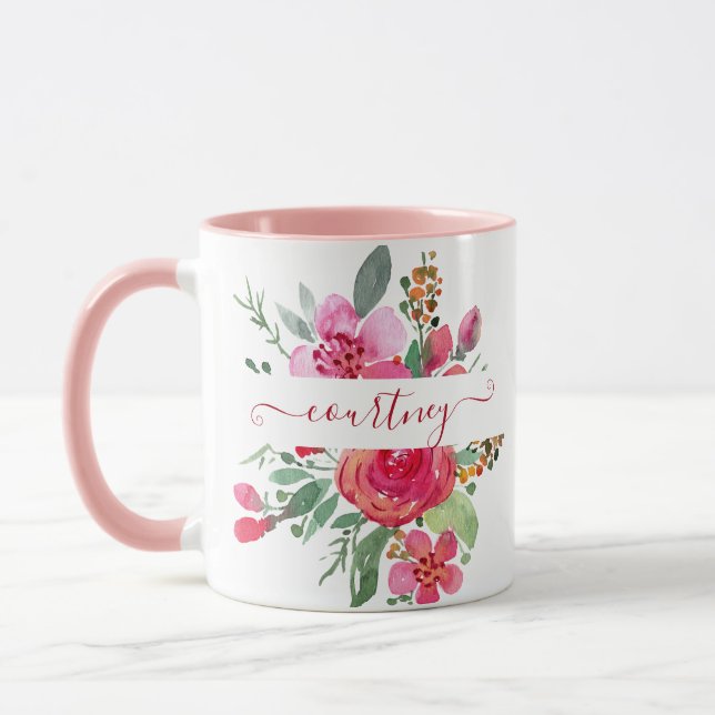 Rosa akvarellblommor personlig mugg (Vänster)