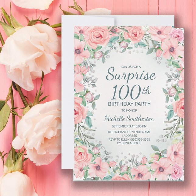 Rosa akvarellblommor Rosor Pärlor 100-årsdag (Pink floral Surprise 100th birthday invitation)