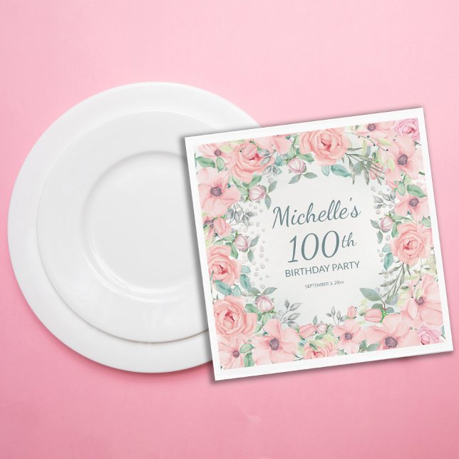 Rosa akvarellblommor Rosor Pärlor 100-årsdag Pappersservett (Blush pink floral 100th birthday party paper napkins customized with your text.)