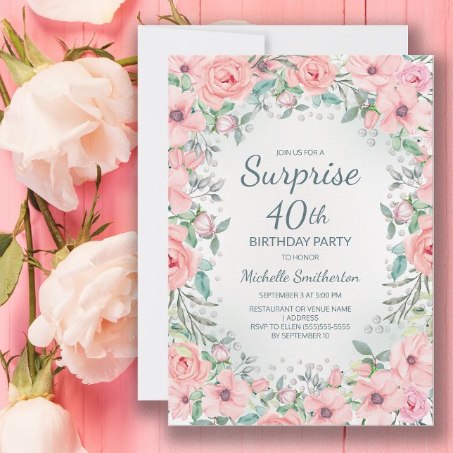 Rosa akvarellblommor Rosor Pärlor 40-årsdag (Pink floral surprise 40th birthday party invitation personalized with your own text.)