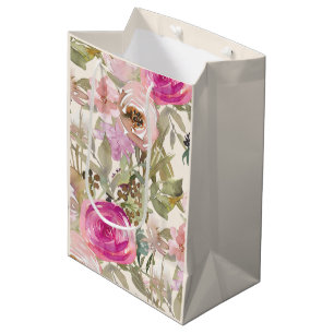 Rosa akvarellblommor Salvia gröna blad Krämfärgad