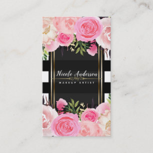 Rosa akvarellblommor svarta vita ränder elegant visitkort