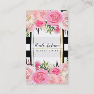 Rosa akvarellblommor svarta vita ränder Klassiska Visitkort