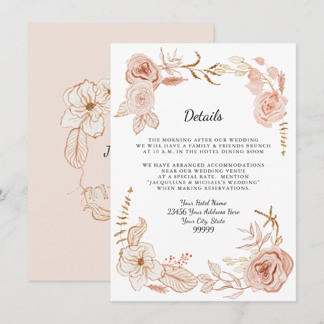 Rosa akvarellblommor Terrakotta detaljer n Hotell Inbjudningar (Fram/baksida)
