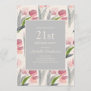 Rosa akvarellblommor Tulpaner 21-årsdag Inbjudningar