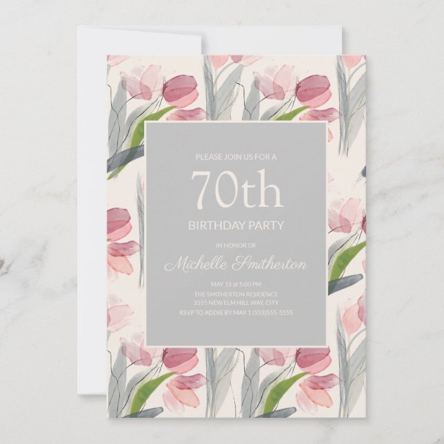 Rosa akvarellblommor Tulpaner 70-årsdag Inbjudningar (Framsida)