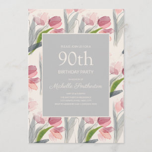 Rosa akvarellblommor Tulpaner 90-årsdag Inbjudningar