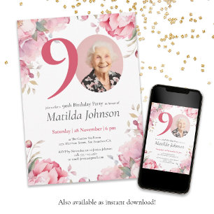 Rosa akvarellfotografi 90-årsfirande födelsedagsfe inbjudningar