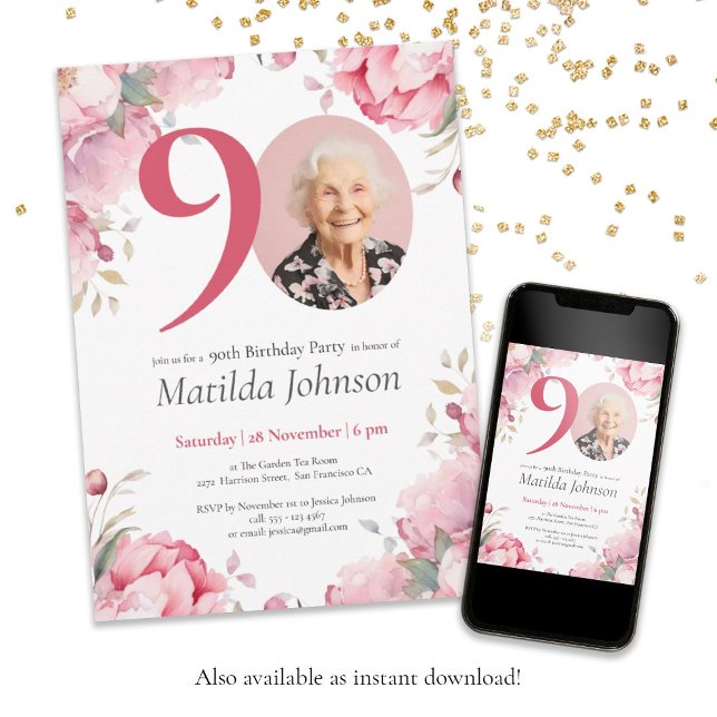 Rosa akvarellfotografi 90-årsfirande födelsedagsfe inbjudningar (90th Birthday Pink Floral Watercolor Custom Photo Invitation)