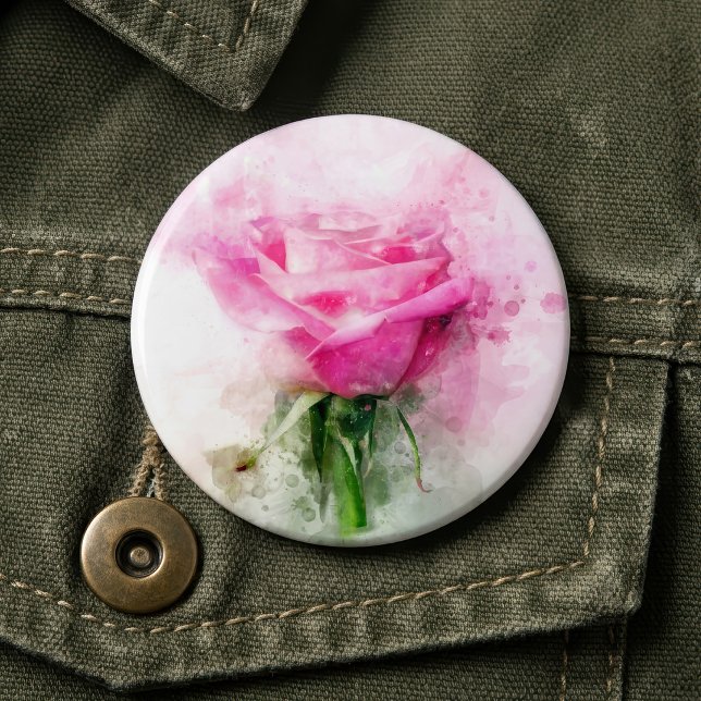 Rosa akvarellkonst på vit bakgrund knapp (Pink Rose Watercolor Art on White Background. Button)