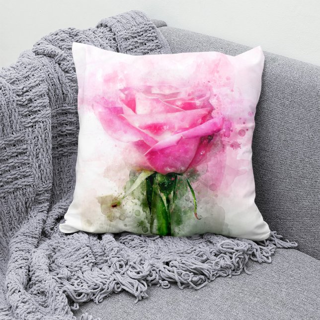 Rosa akvarellkonst på vit bakgrund kudde (Pink Rose Watercolor Art on White Background. Throw Pillow)