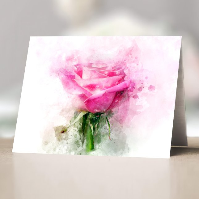 Rosa akvarellkonst på vit bakgrund tack kort (Pink Rose Watercolor Art on White Background. Letterpress Thank You Card)