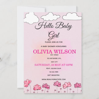 Rosa akvarellmoln & blommor Baby Girl Shower Inbjudningar