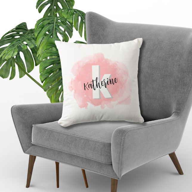 Rosa akvarellmonogrammerade kudde (Modern Pink Watercolor Monogrammed Throw Pillow)