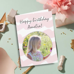 Rosa akvarellränder Girly Girl Foto Födelsedag Kort