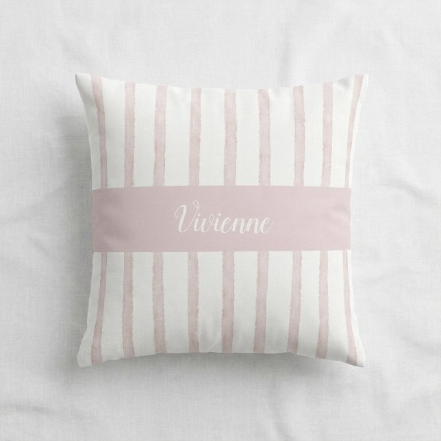 Rosa akvarellrandiga monogramnamn kudde (Blush Pink Watercolor Stripes Monogram Name Throw Pillow)