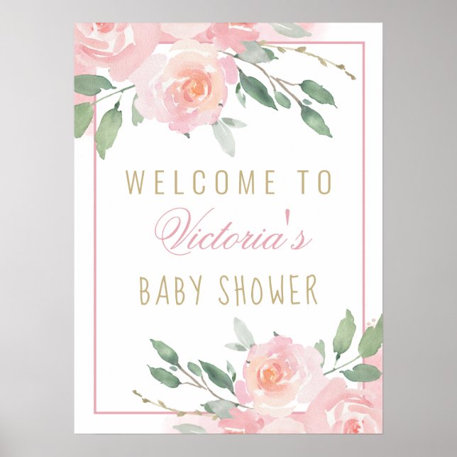 Rosa akvarellros Bebis Shower Välkomstskylt Poster (Framsidan)
