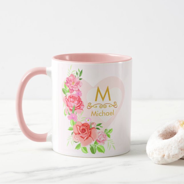Rosa akvarellros Blommig monogram initialbokstav Mugg (Med munk)