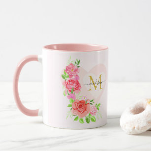 Rosa akvarellros blommonogram initial mugg