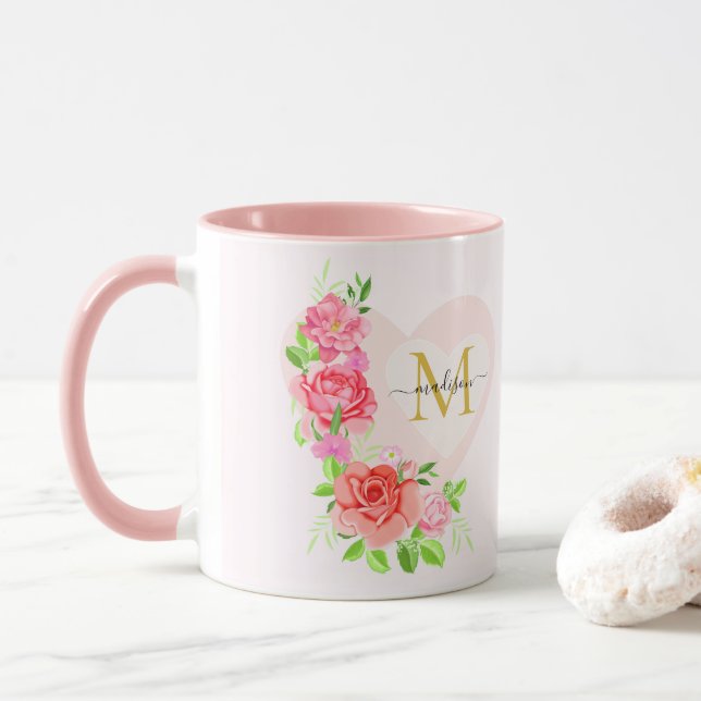 Rosa akvarellros blommonogram initial mugg (Med munk)