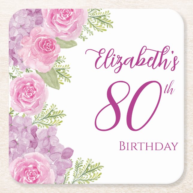 Rosa akvarellrosor 80-årsdag underlägg papper kvadrat (Framsidan)