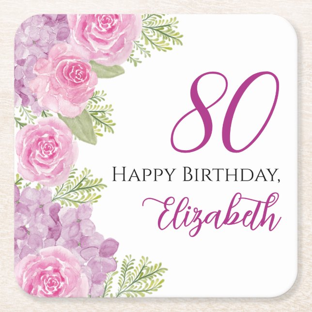 Rosa akvarellrosor 80-årsdag underlägg papper kvadrat (Framsidan)